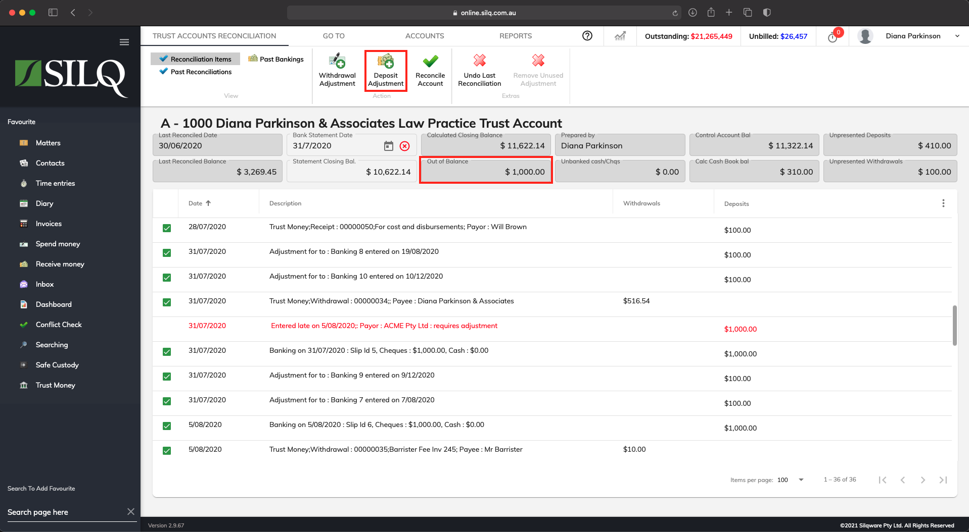 debit adjustment to deposit